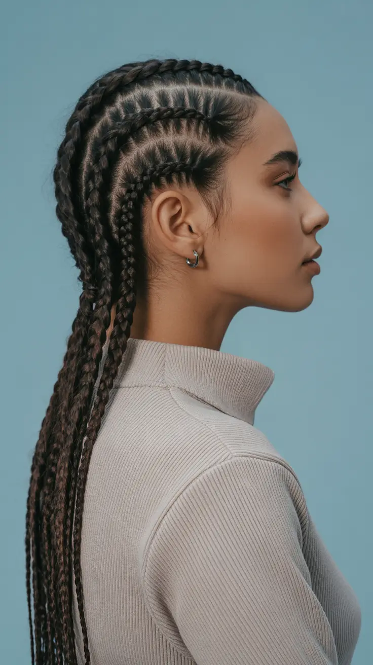 pretty spring braids hairstyle 2026 Layered feed in cornrows with elongated braid lengths