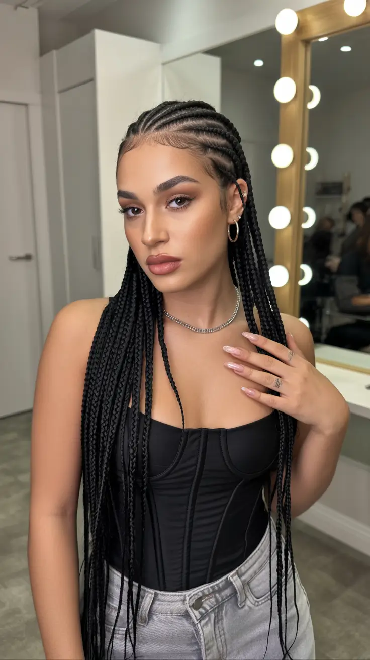 pretty spring braids hairstyle 2026 Full length micro cornrow braids with sleek fall