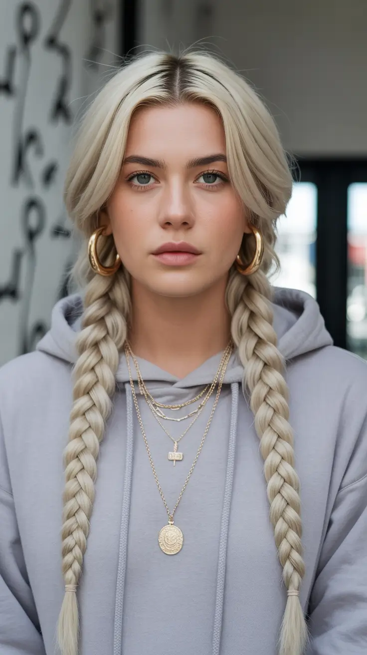 pretty spring braids hairstyle 2026 Symmetrical platinum twin braids with soft center part