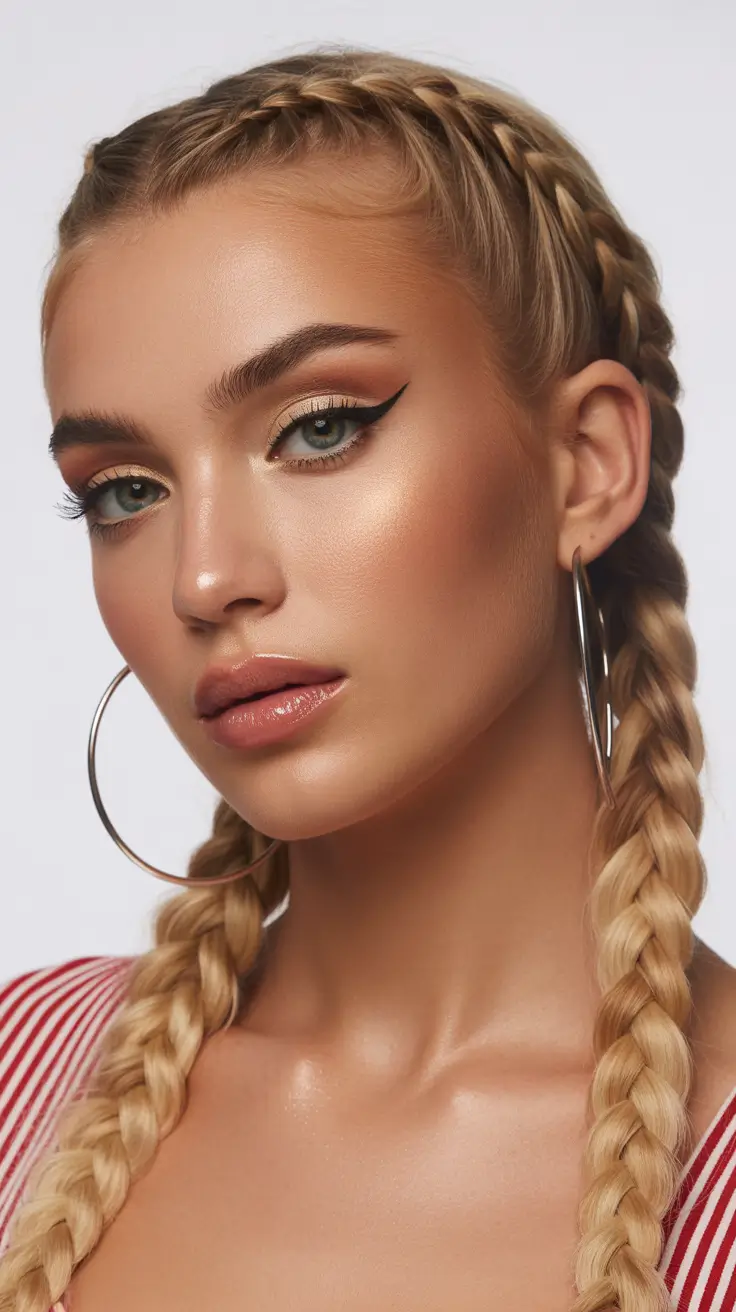 pretty spring braids hairstyle 2026 Classic symmetrical blonde twin braids