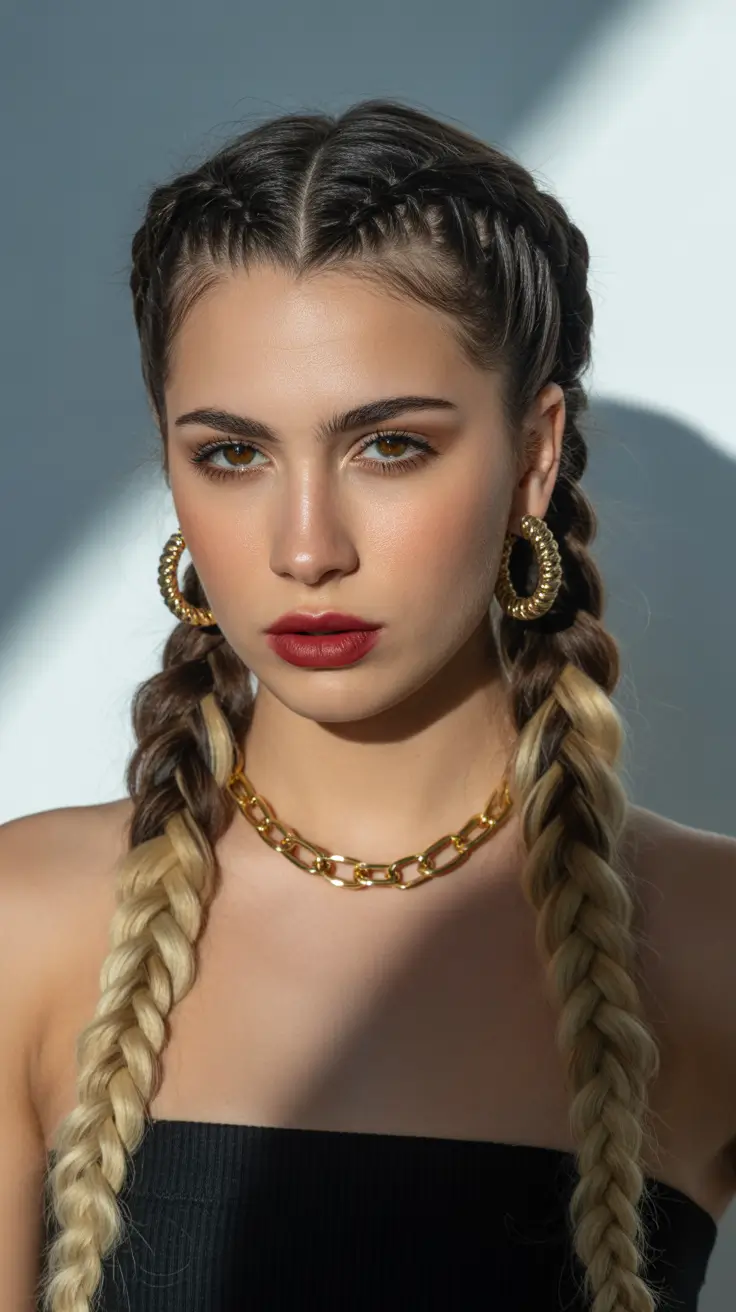 pretty spring braids hairstyle 2026 Dual tone long braids with soft contrast blend