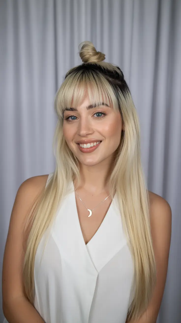 simple spring hairstyles 2026 Half-Up Mini Bun with Wispy Spring Bangs