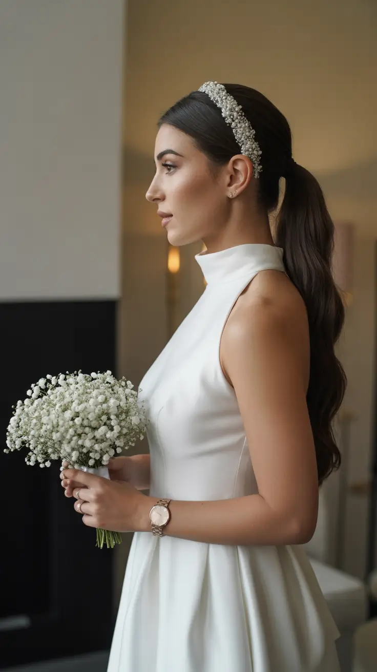 simple spring wedding hairstyle for 2026 Polished Low Ponytail with Pearl Headband