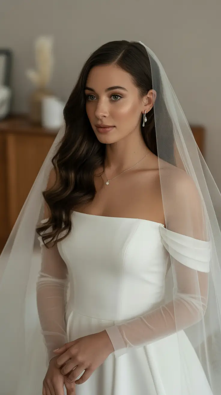 simple spring wedding hairstyle for 2026 Soft Side Waves Paired with a Classic Veil