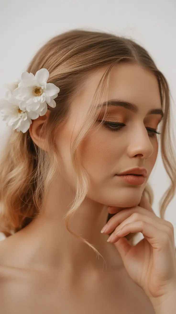 simple spring wedding hairstyle for 2026 Low Ponytail with Face-Framing Florals