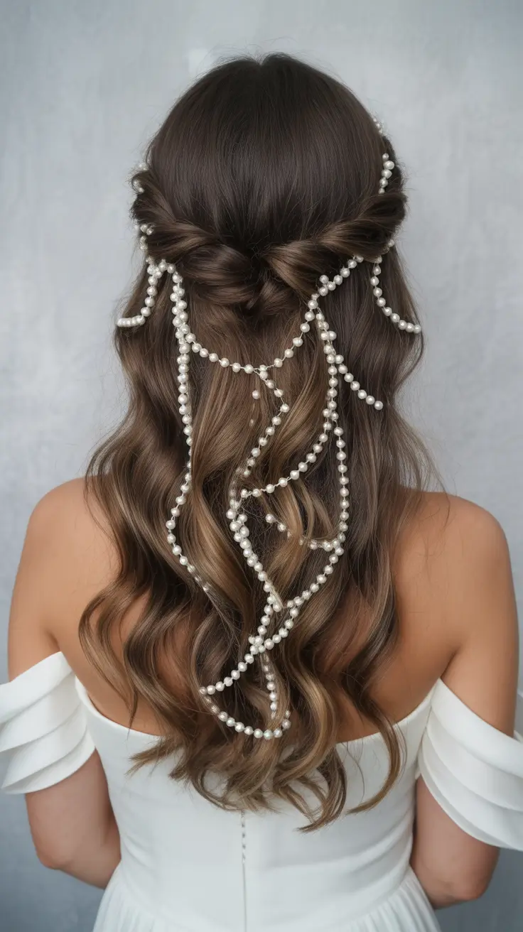 simple spring wedding hairstyle for 2026 Half-Up Style with Cascading Pearls