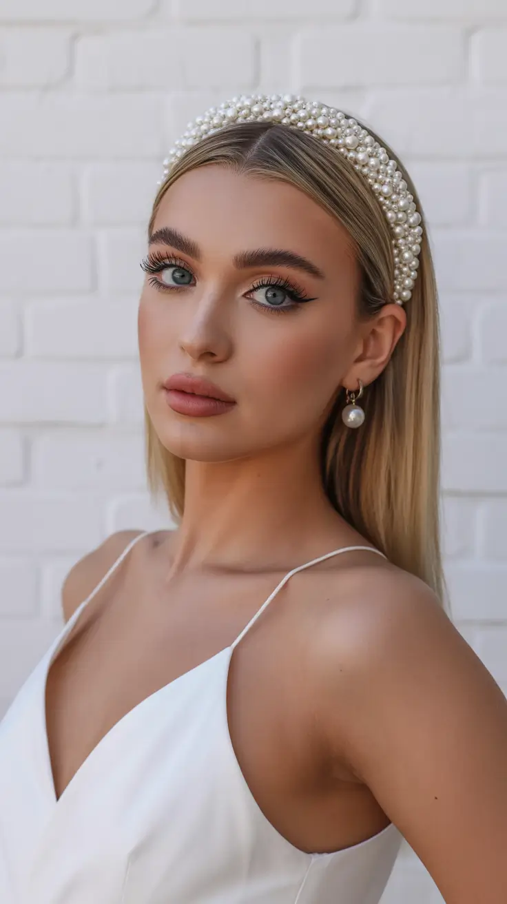 simple spring wedding hairstyle for 2026 Sleek Straight Hair with a Pearl Crown Headband
