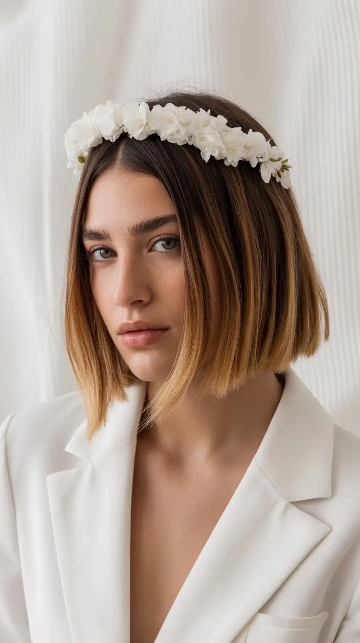 simple spring wedding hairstyle for 2026 Modern Bob with a Soft Floral Headband