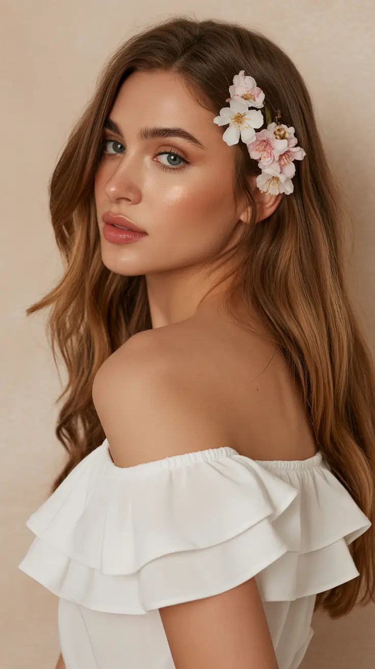 simple spring wedding hairstyle for 2026 Loose Spring Waves with Soft Floral Pins