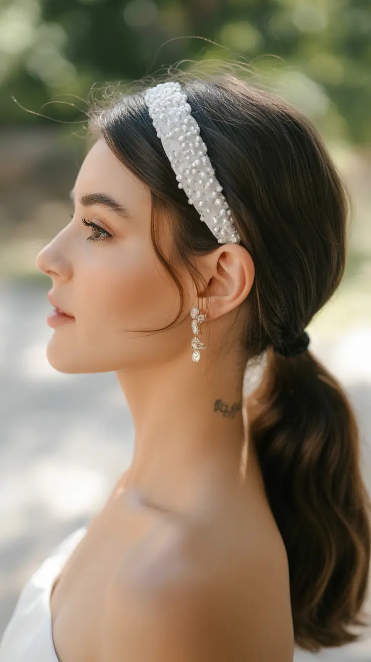 simple spring wedding hairstyle for 2026 Sleek Low Ponytail with Pearl Headband
