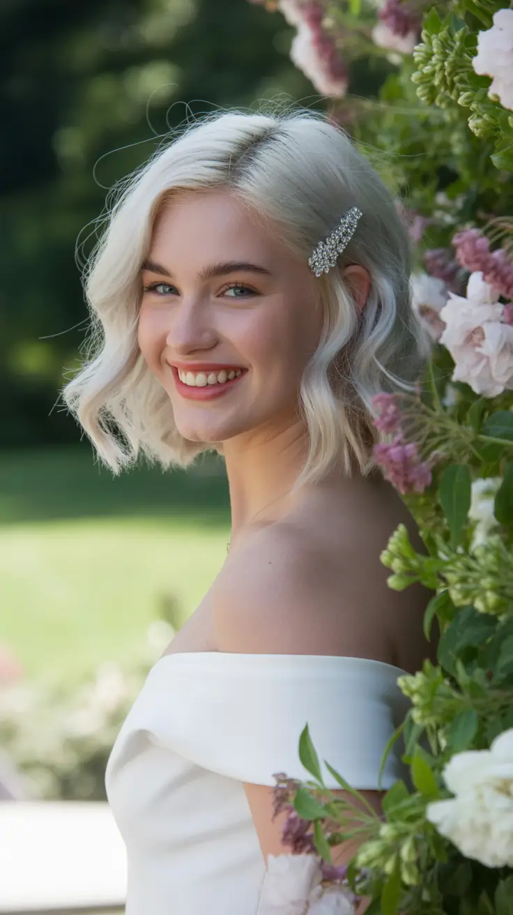 simple spring wedding hairstyle for 2026 Airy Platinum Bob with a Subtle Crystal Accent