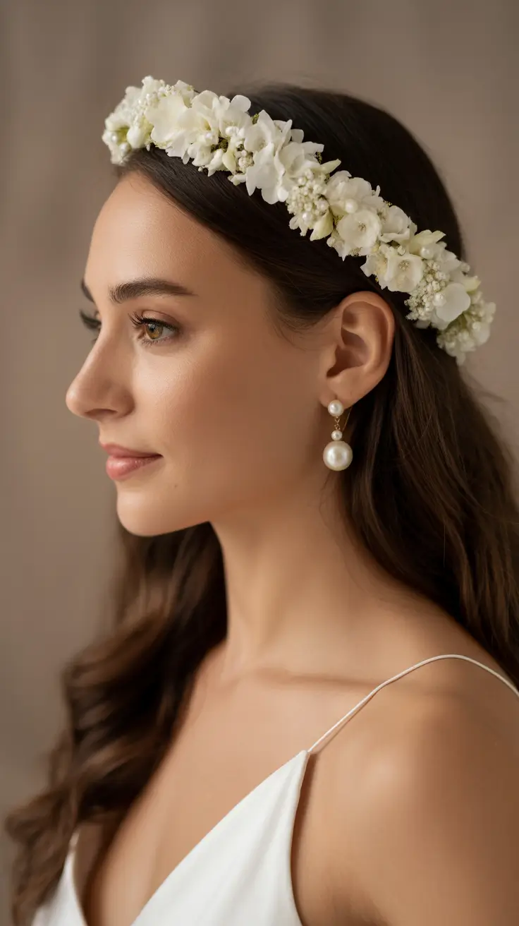 simple spring wedding hairstyle for 2026 Natural Waves with a Fresh Floral Halo