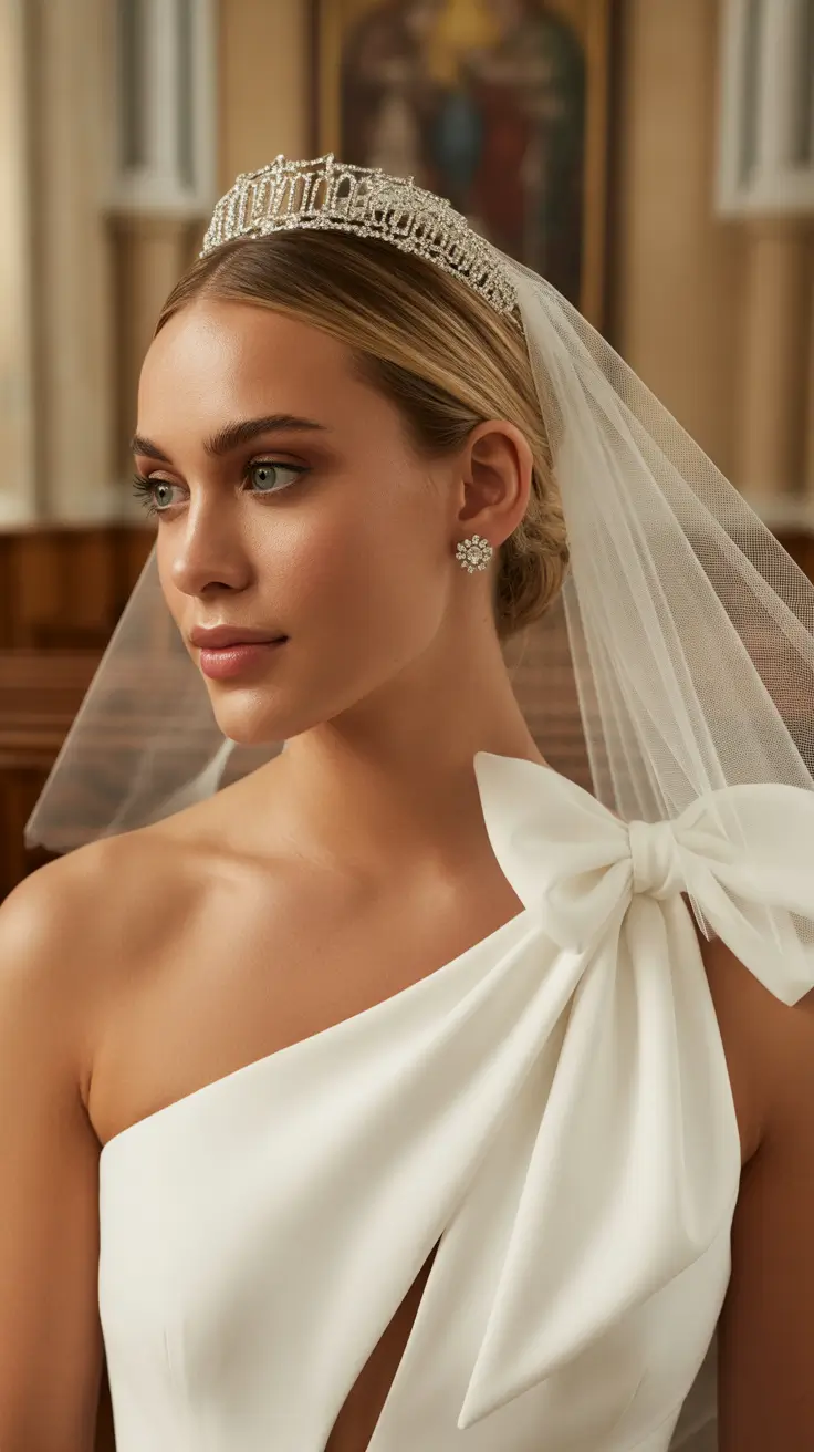 simple spring wedding hairstyle for 2026 Sleek Low Bun with Tiara and Veil
