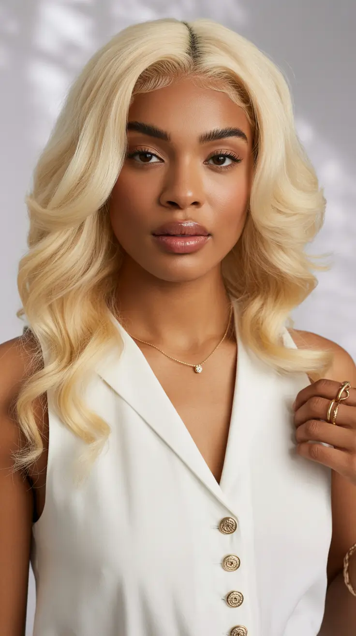 subtle spring hair color for dark skin 2026 Champagne Blonde Softness with Rooted Depth