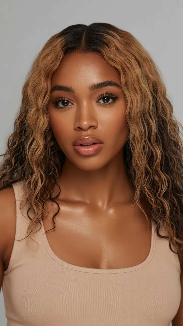 subtle spring hair color for dark skin 2026 Golden Bronze Curl Melt with Natural Depth