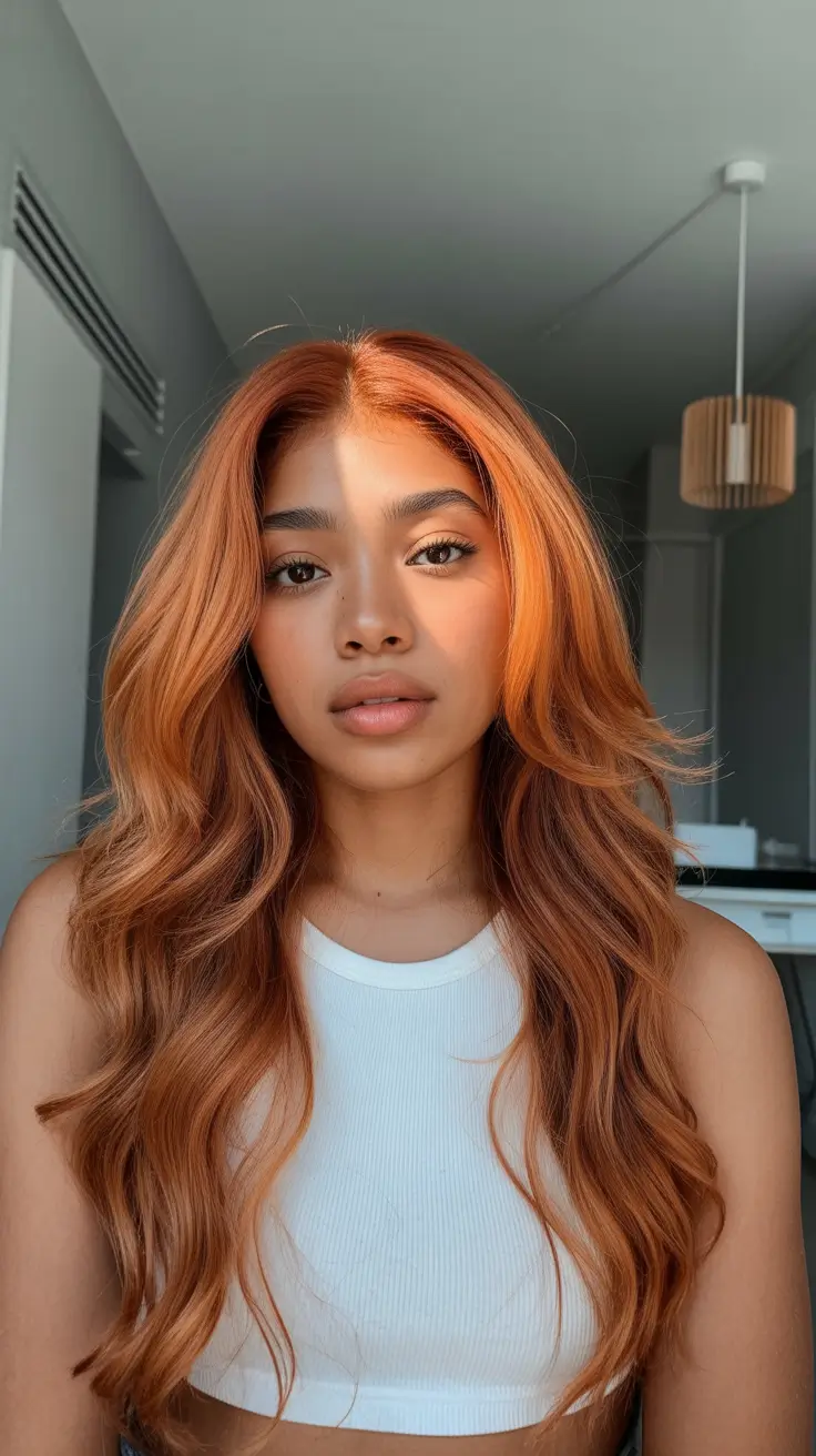 subtle spring hair color for dark skin 2026 Apricot Copper Melt with Seamless Blend