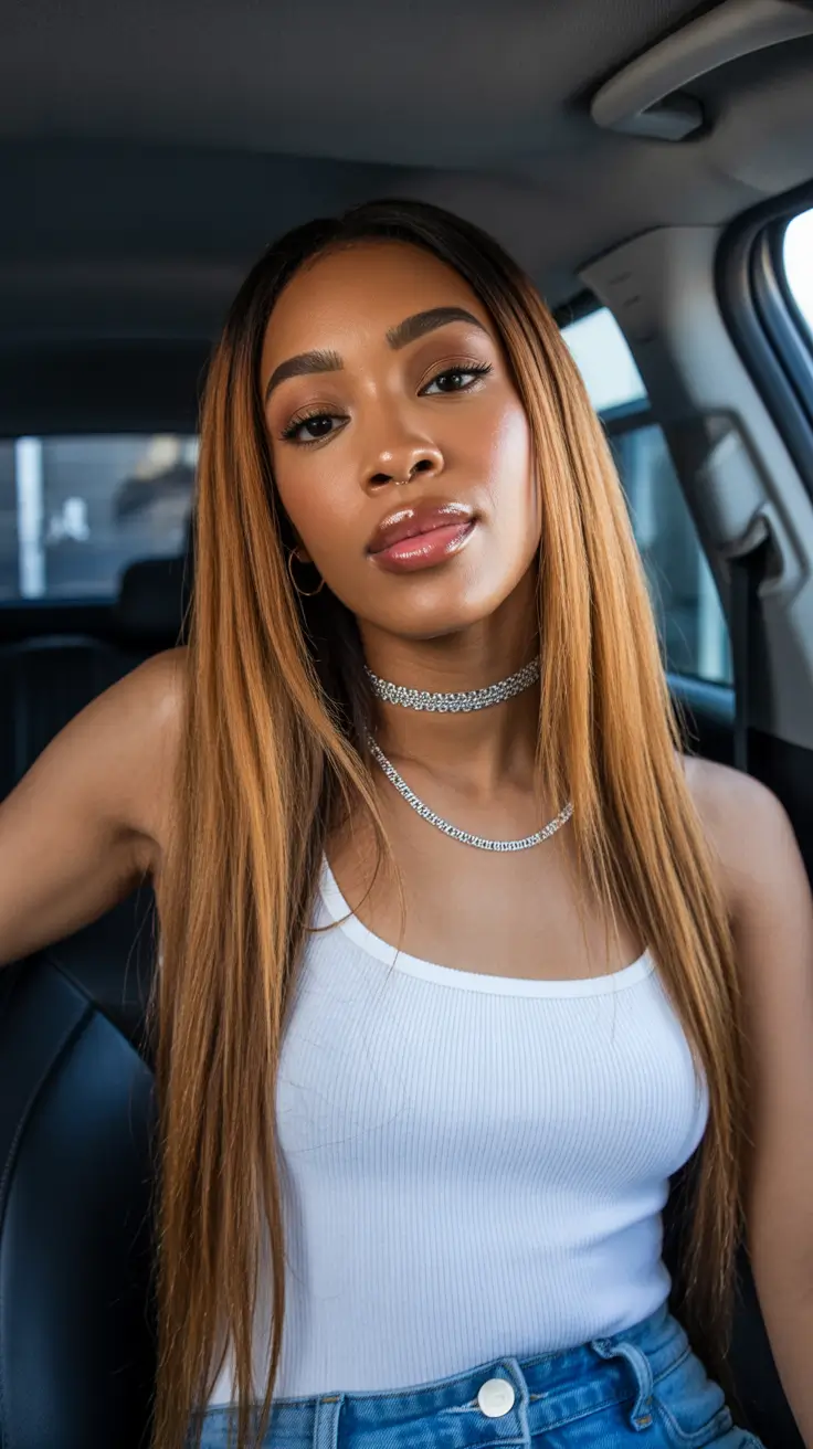 subtle spring hair color for dark skin 2026 Honey Caramel Glass Straight Dimension