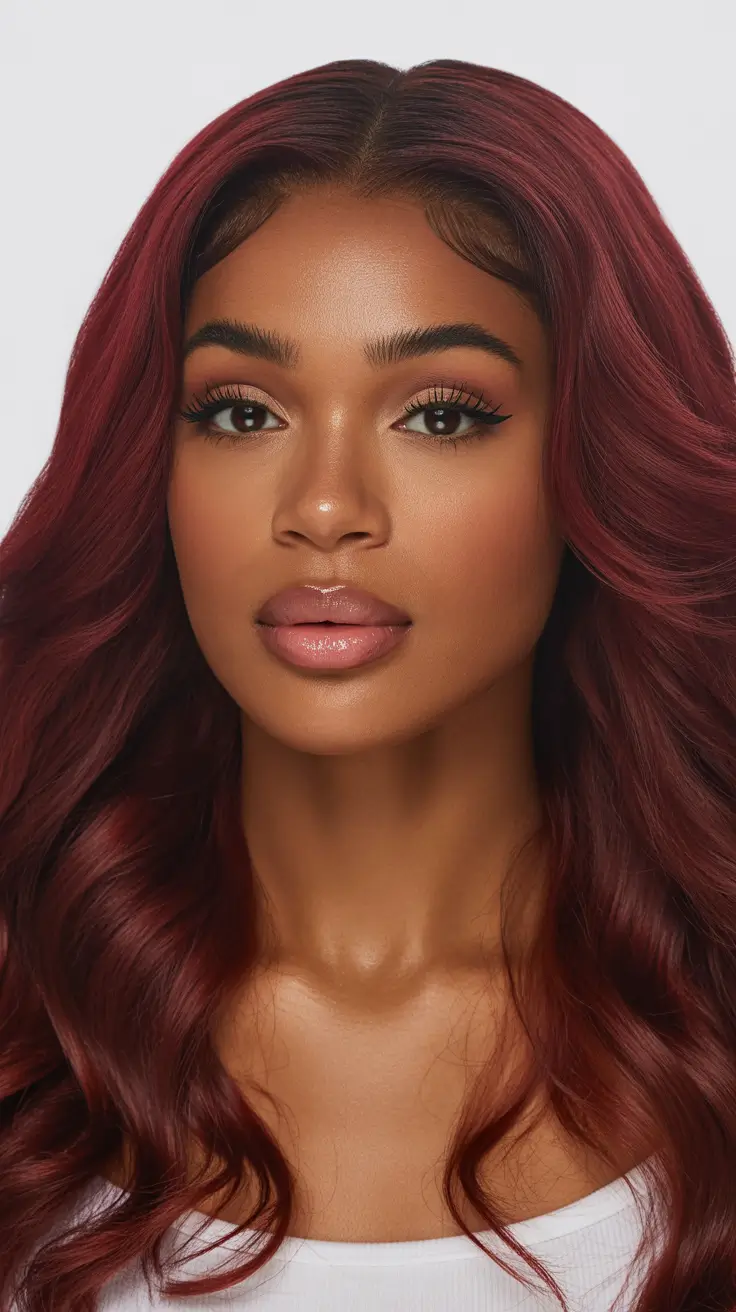 subtle spring hair color for dark skin 2026 Sheer Garnet Red with Glass Finish