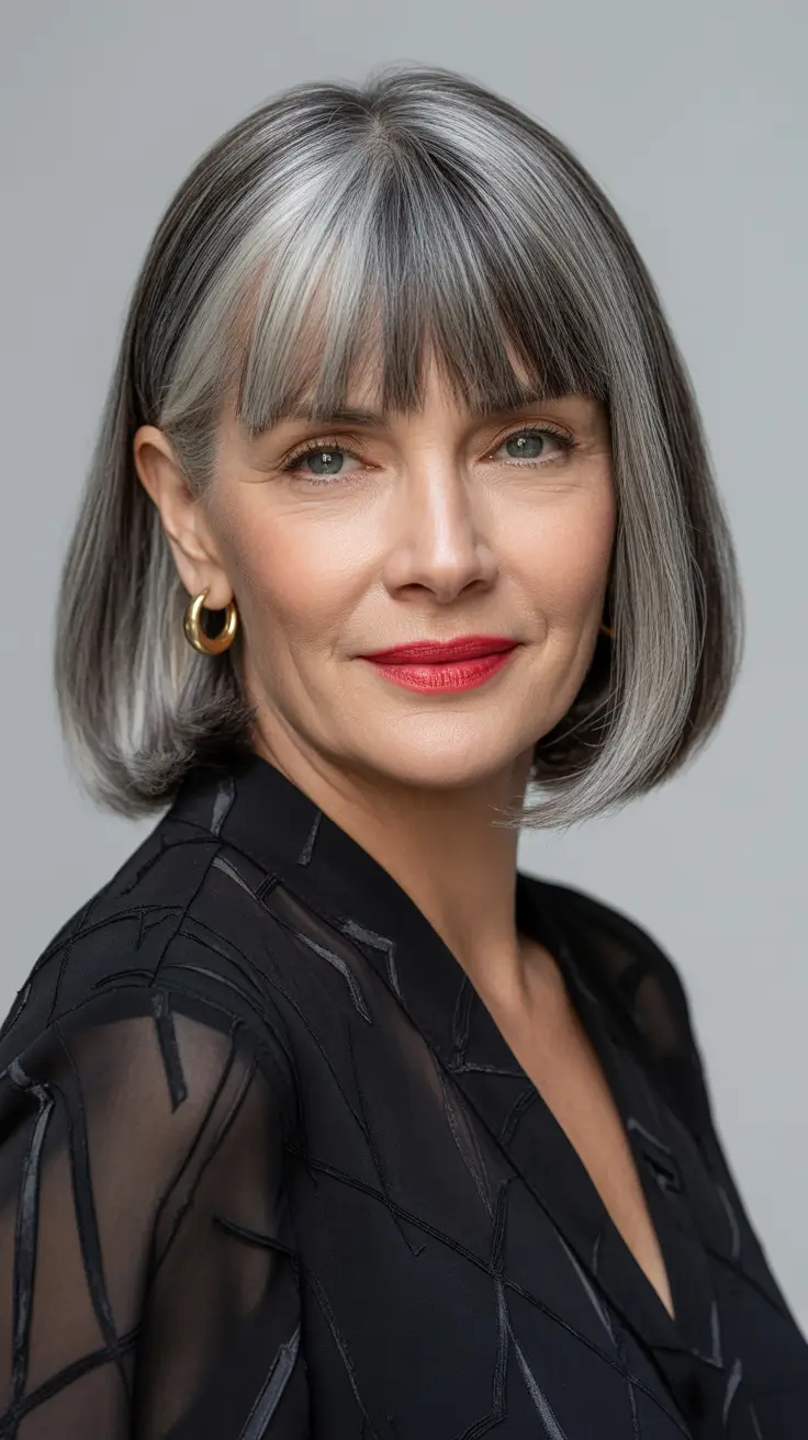trendy spring haircuts for women over 50 2026 Long Bob with Bangs