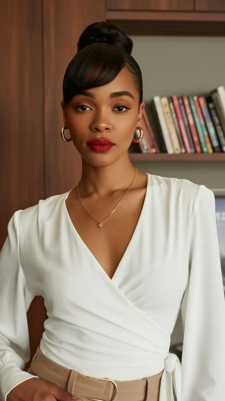 trendy spring hairstyle for black women 2026 Polished High Bun with Sculpted Side Fringe
