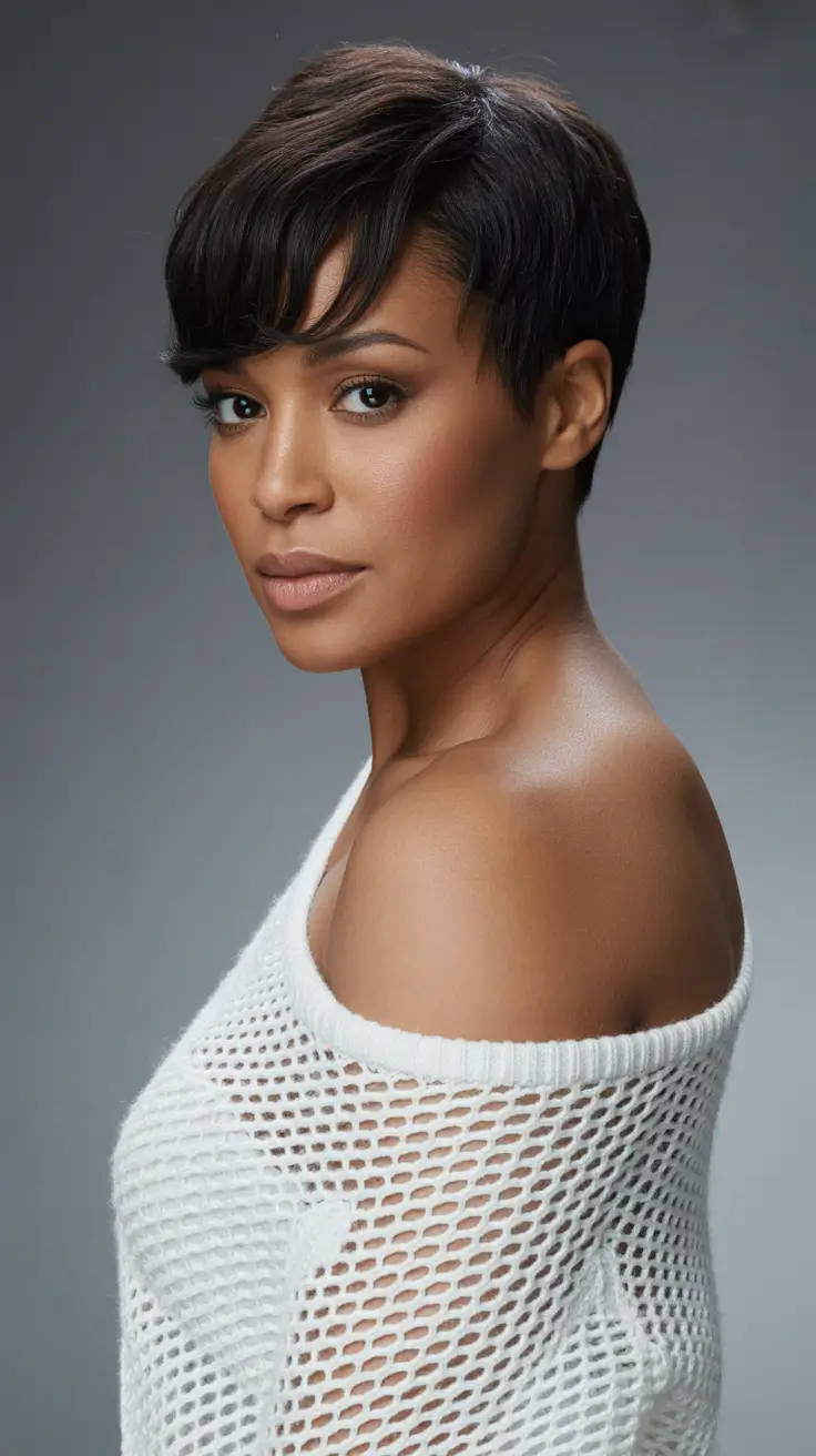 trendy spring hairstyle for black women 2026 Soft Layered Pixie with Feathered Fringe
