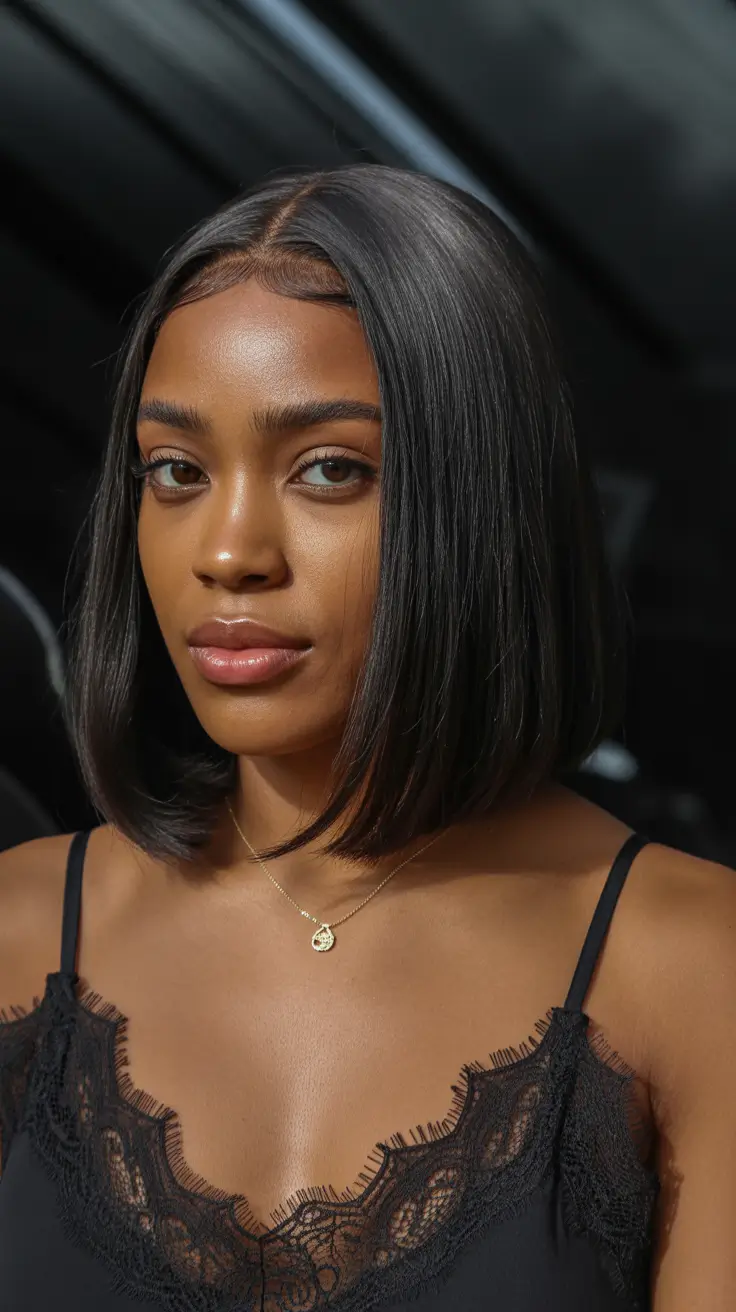 trendy spring hairstyle for black women 2026 Sleek Blunt Lob with Precision Center Part