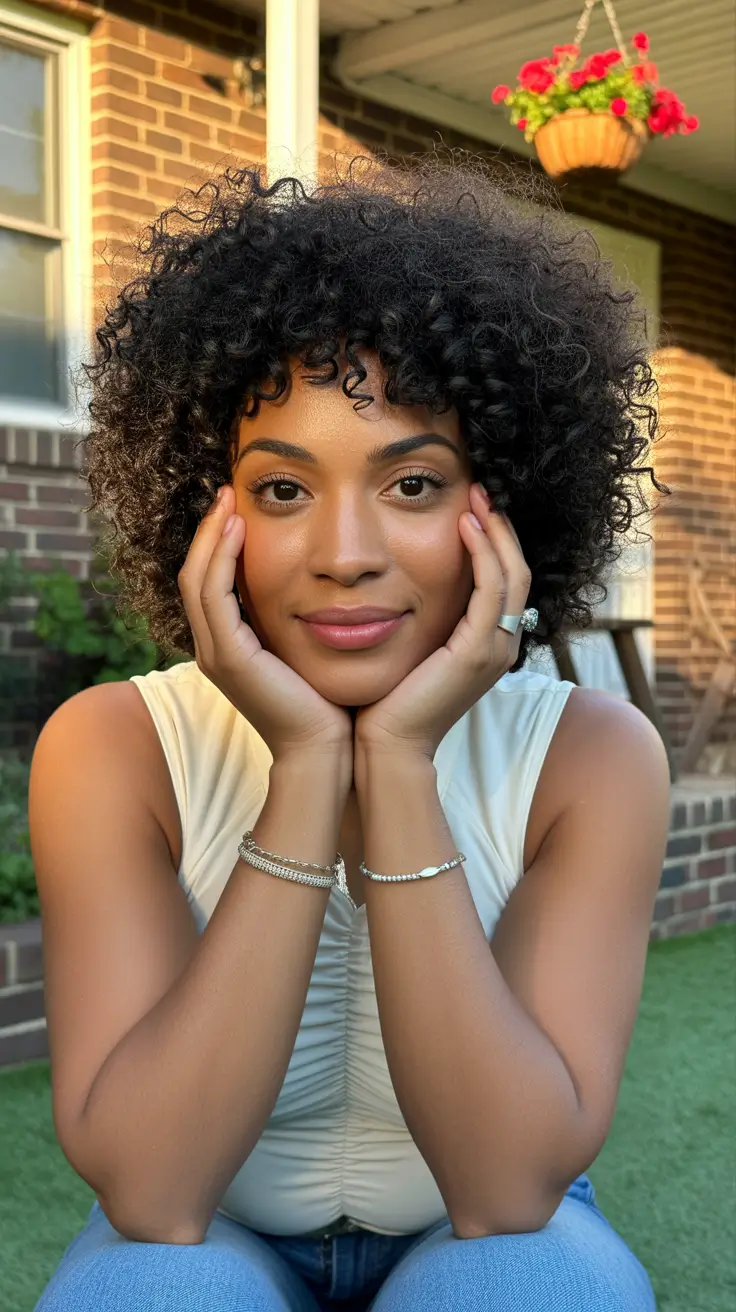 trendy spring hairstyle for black women 2026 Full Rounded Natural Afro with Soft Fringe