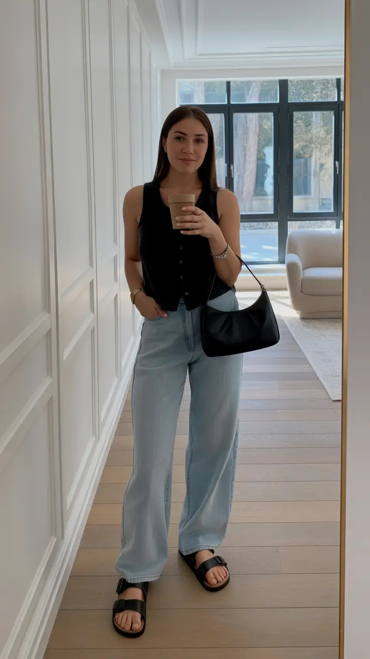 trendy spring outfit with sandals 2026 - Black Layers and Denim Ease for Everyday Confidence