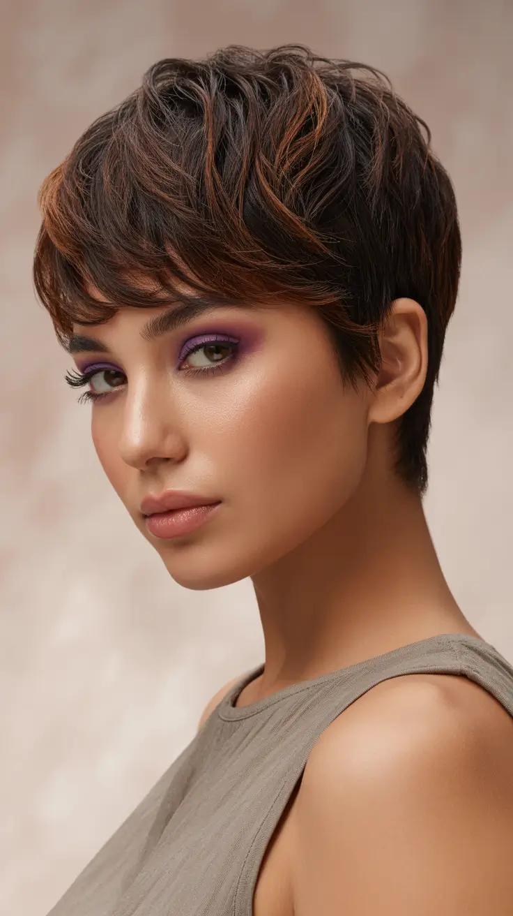 vibrant spring pixie 2026 Textured Chestnut Pixie With Ember Highlights