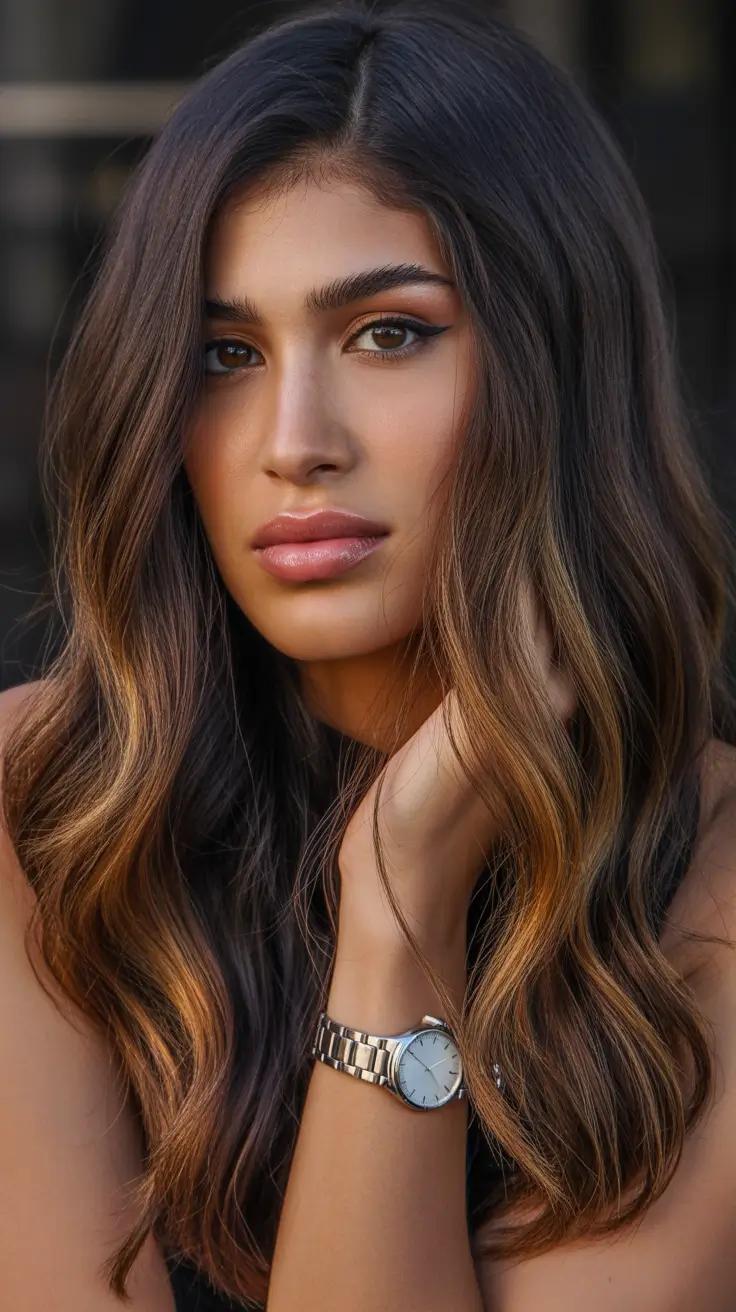 warm spring hair color ideas warm skin tone 2026 Golden Brunette Balayage for Hazel-Eyed Warm Skin