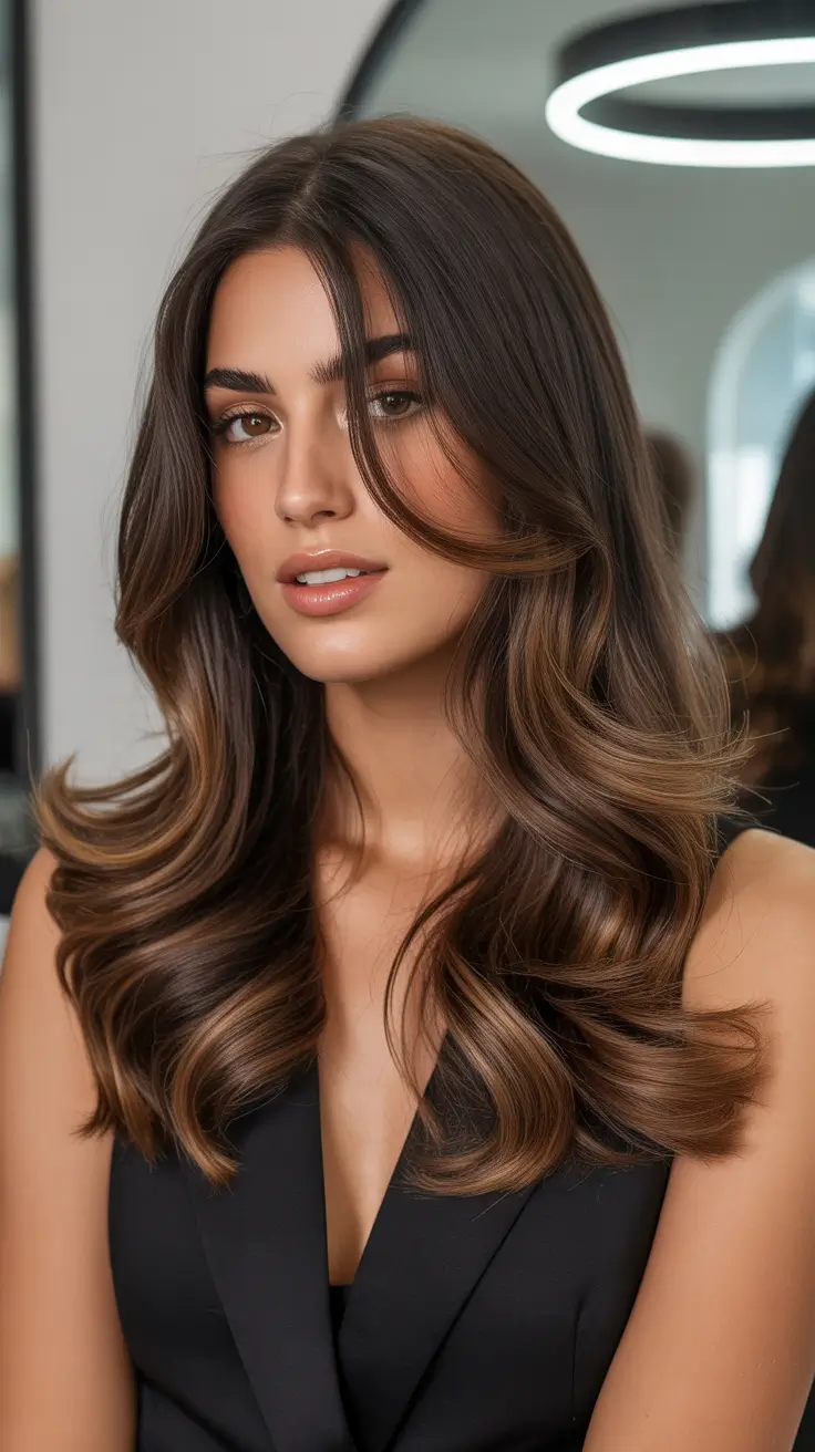 warm spring hair color ideas warm skin tone 2026 Layered Toffee Balayage for Warm Hazel Spring Skin