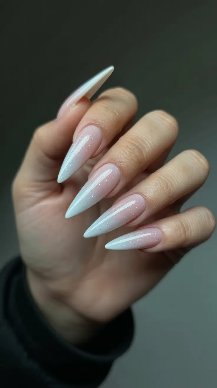 spring nail art 2026 Soft Glazed White Ombre Stiletto for Minimal Spring Glow