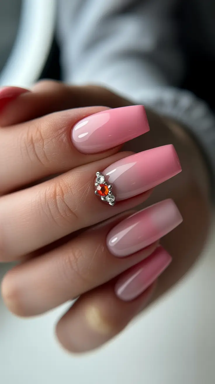 spring nail art 2026 Soft Pink Ombre with Statement Jewel Accent