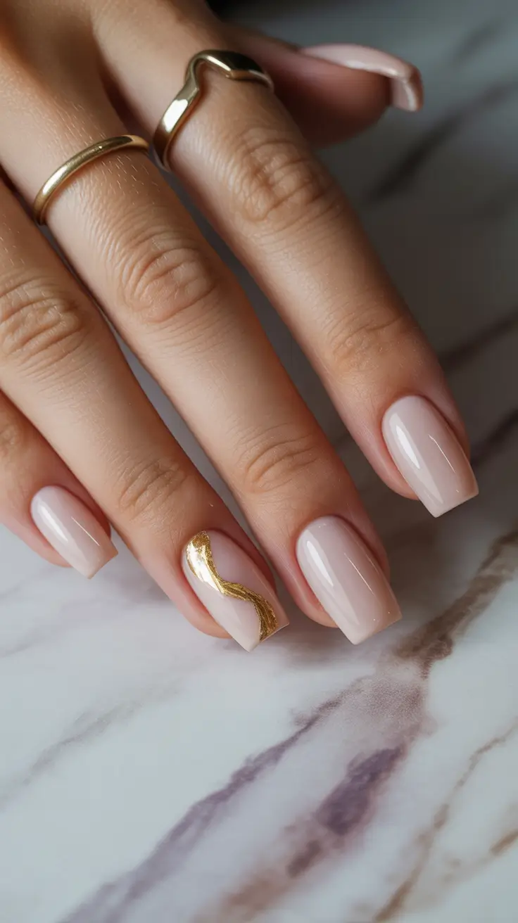 spring nail art 2026 Minimal Beige Elegance with Gold Flow Accent
