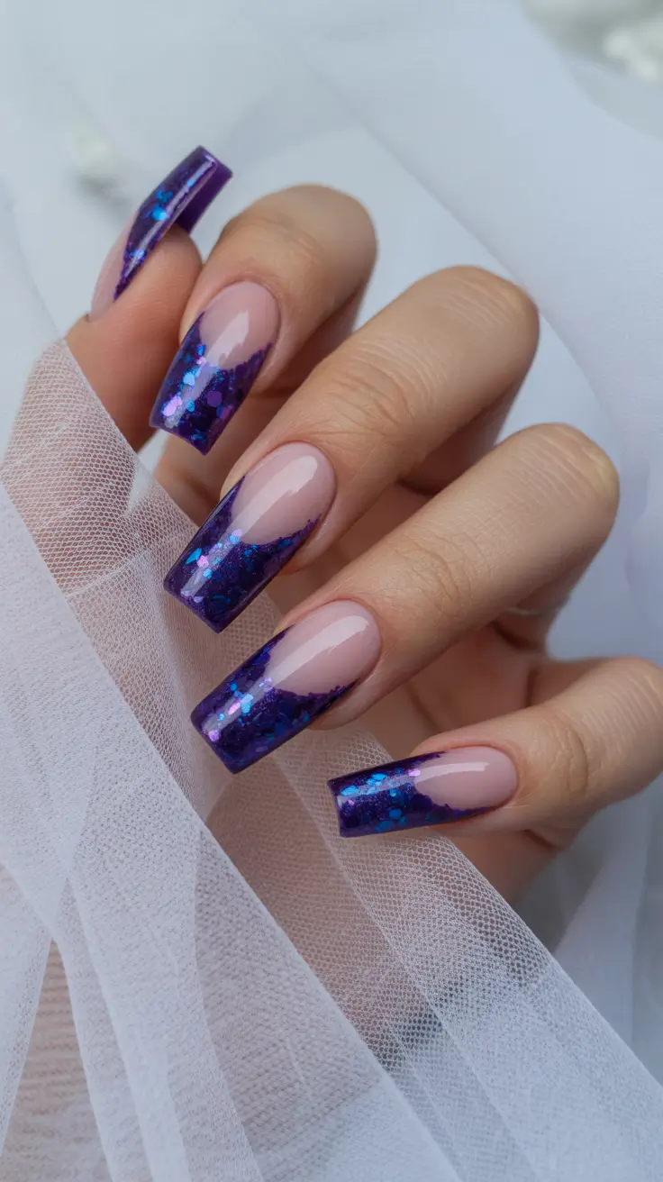 spring nail art 2026 Violet Glitter Fade Coffin Nails for Glamorous Moments