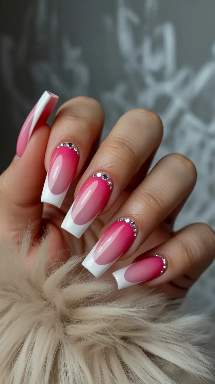 best spring nails coffin 2026 Glossy Pink Ombre with Crystal French Elegance