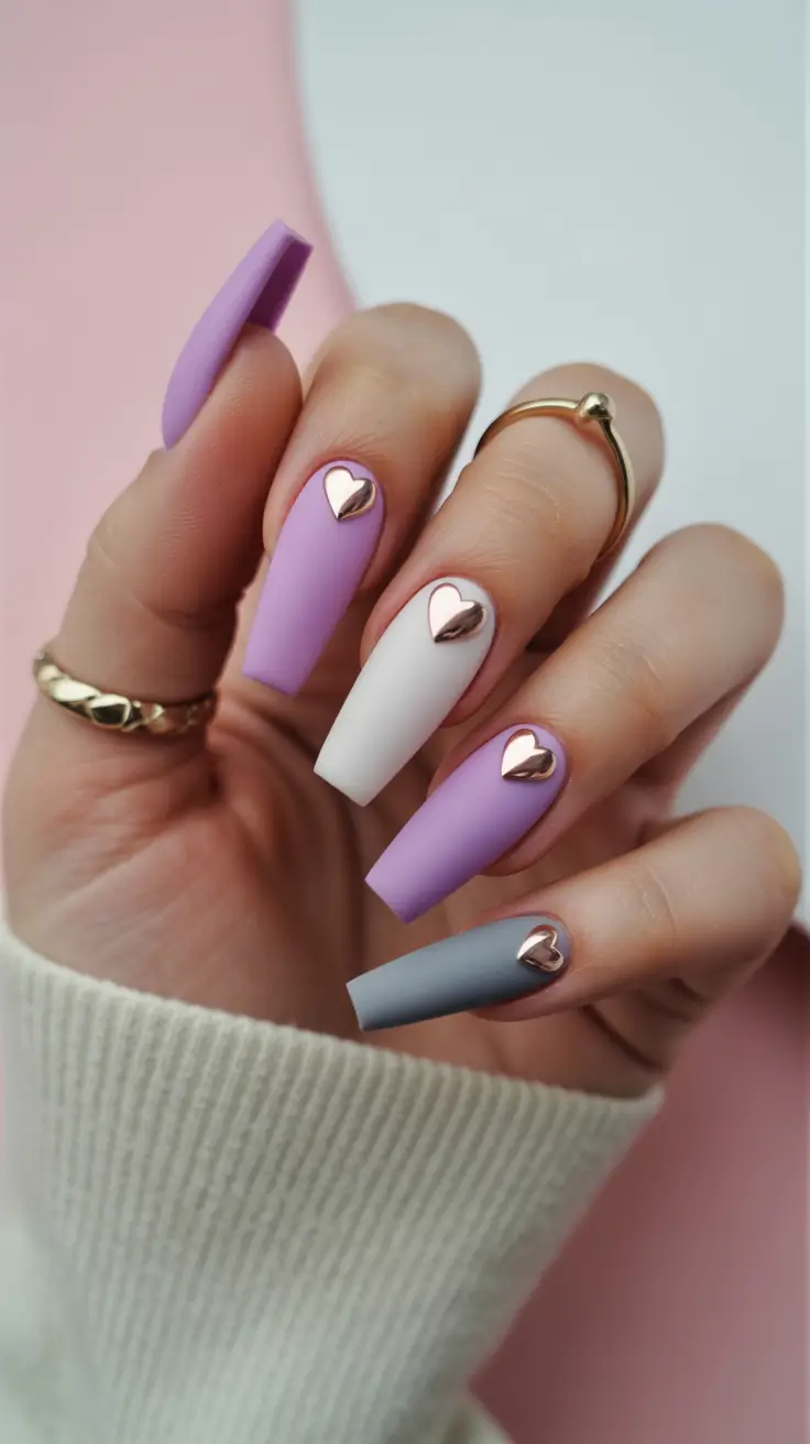 best spring nails coffin 2026 Soft Pastel Coffin Nails with Gold Heart Details