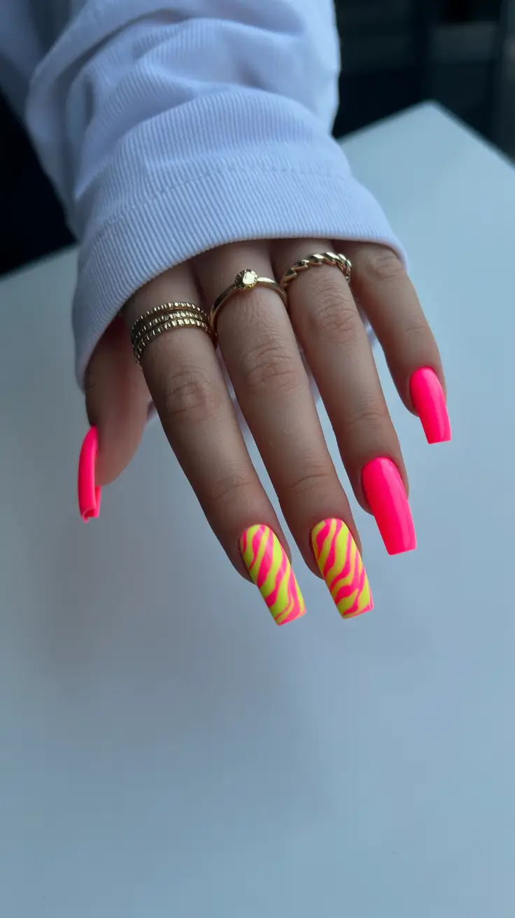 best spring nails coffin 2026 Neon Zebra Coffin Nails with Graphic Energy