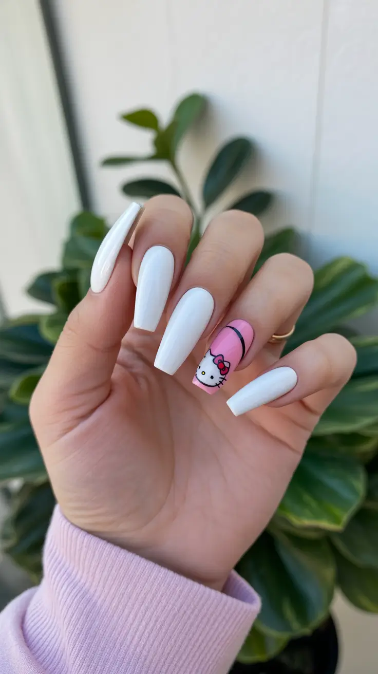 best spring nails coffin 2026 Minimal White Coffin Nails with Playful Character Accent