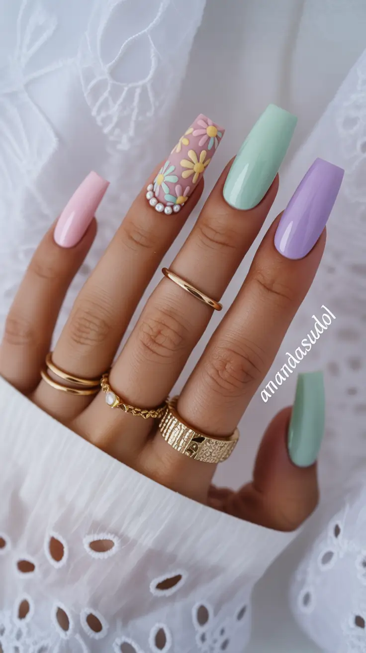 best spring nails coffin 2026 Soft Pastel Daisy Coffin Nails with Pearled Detail