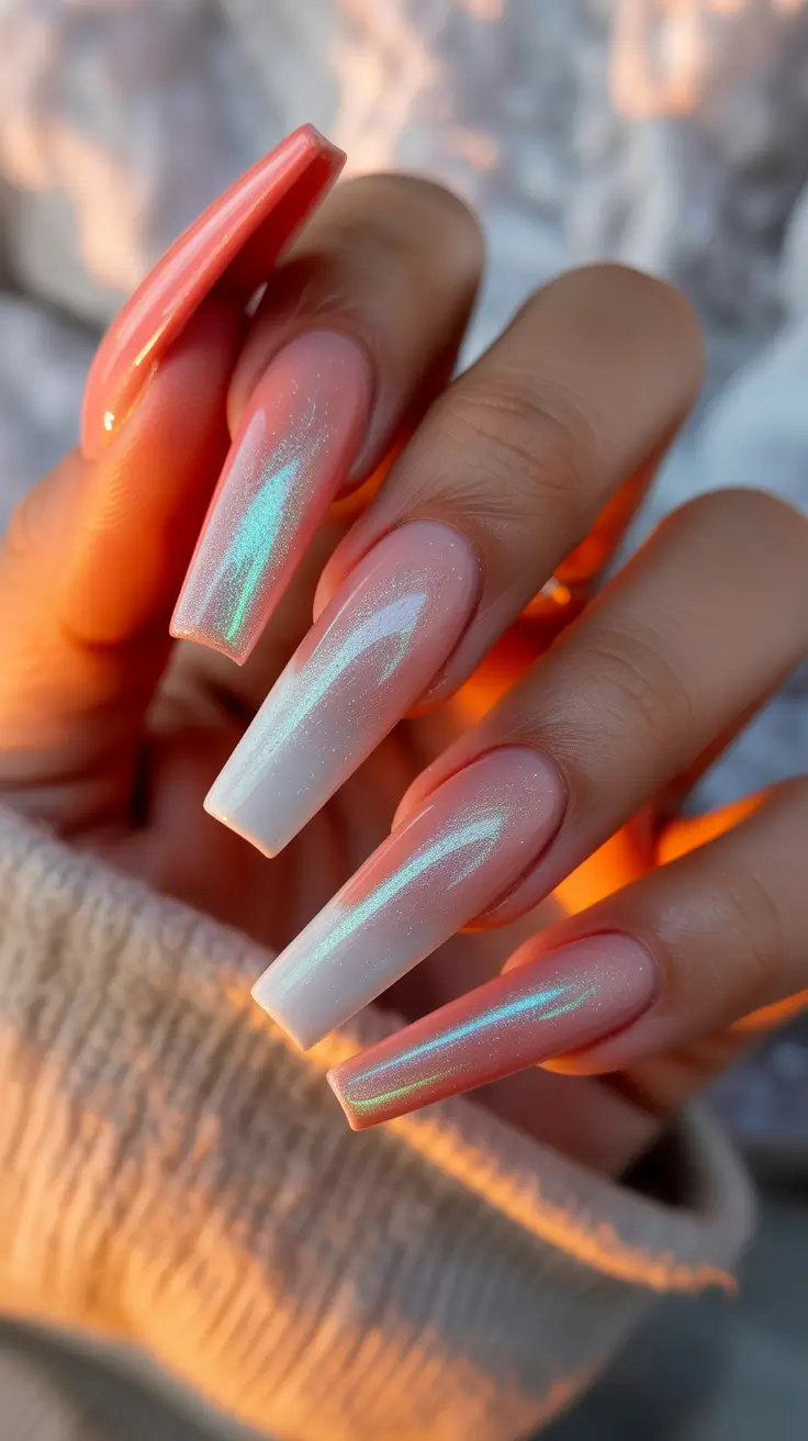 best spring nails coffin 2026 Iridescent Pearl Coffin Nails with Soft Ombre Glow