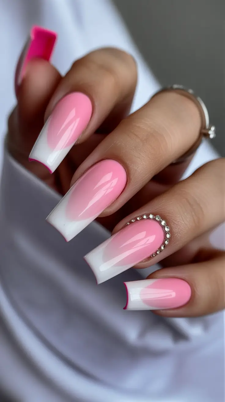 best spring nails coffin 2026 Soft Pink Ombre French Coffin Nails with Crystal Detail
