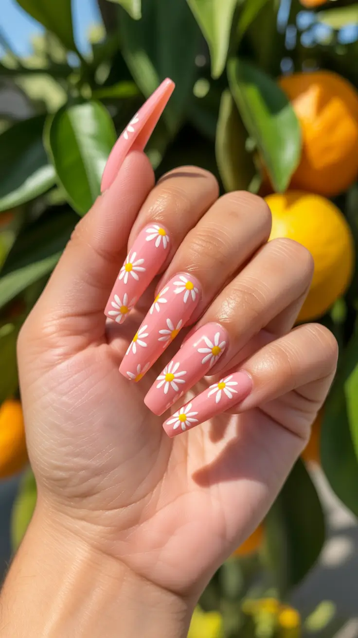 best spring nails coffin 2026 Peachy Pink Daisy Coffin Nails for a Fresh Spring Look