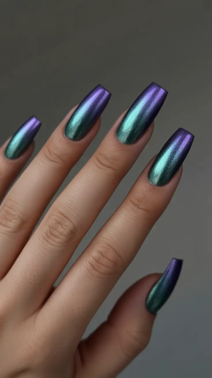 best spring nails coffin 2026 Metallic Purple Green Chrome Coffin Nails
