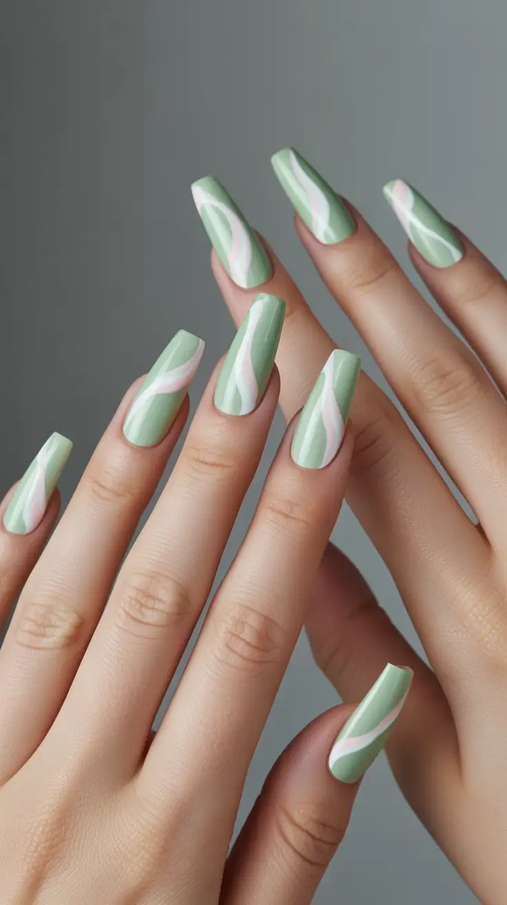 best spring nails coffin 2026 Soft Green Marble Waves for Modern Spring Nails