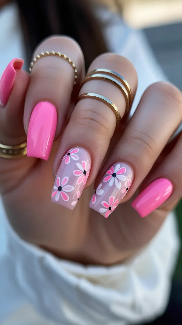 best spring nails coffin 2026 Playful Pink Floral Coffin Nails
