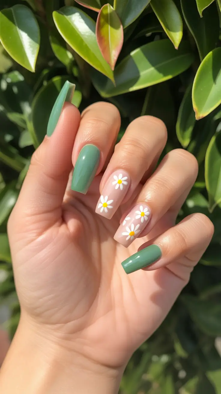 best spring nails coffin 2026 Fresh Green Daisy Coffin Nails Inspired by Nature