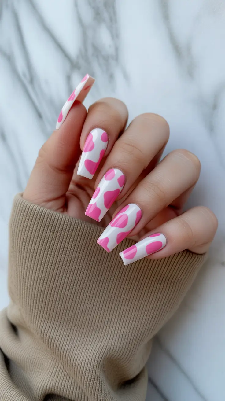 best spring nails coffin 2026 Playful Pink Cow Print Coffin Nails