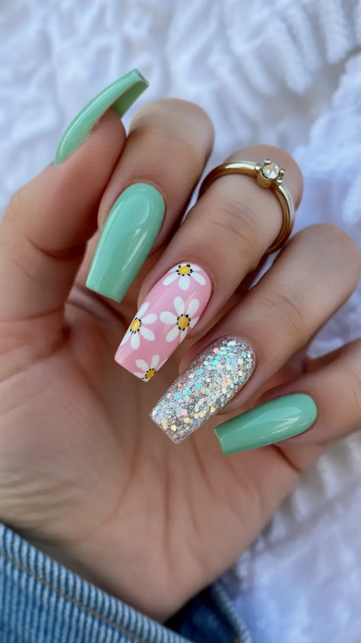 best spring nails coffin 2026 Mint Green Daisy Mix with Glitter Accent