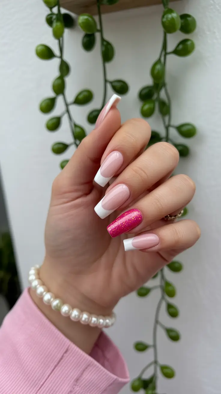 best spring nails coffin 2026 Classic French Coffin with a Bold Pink Accent